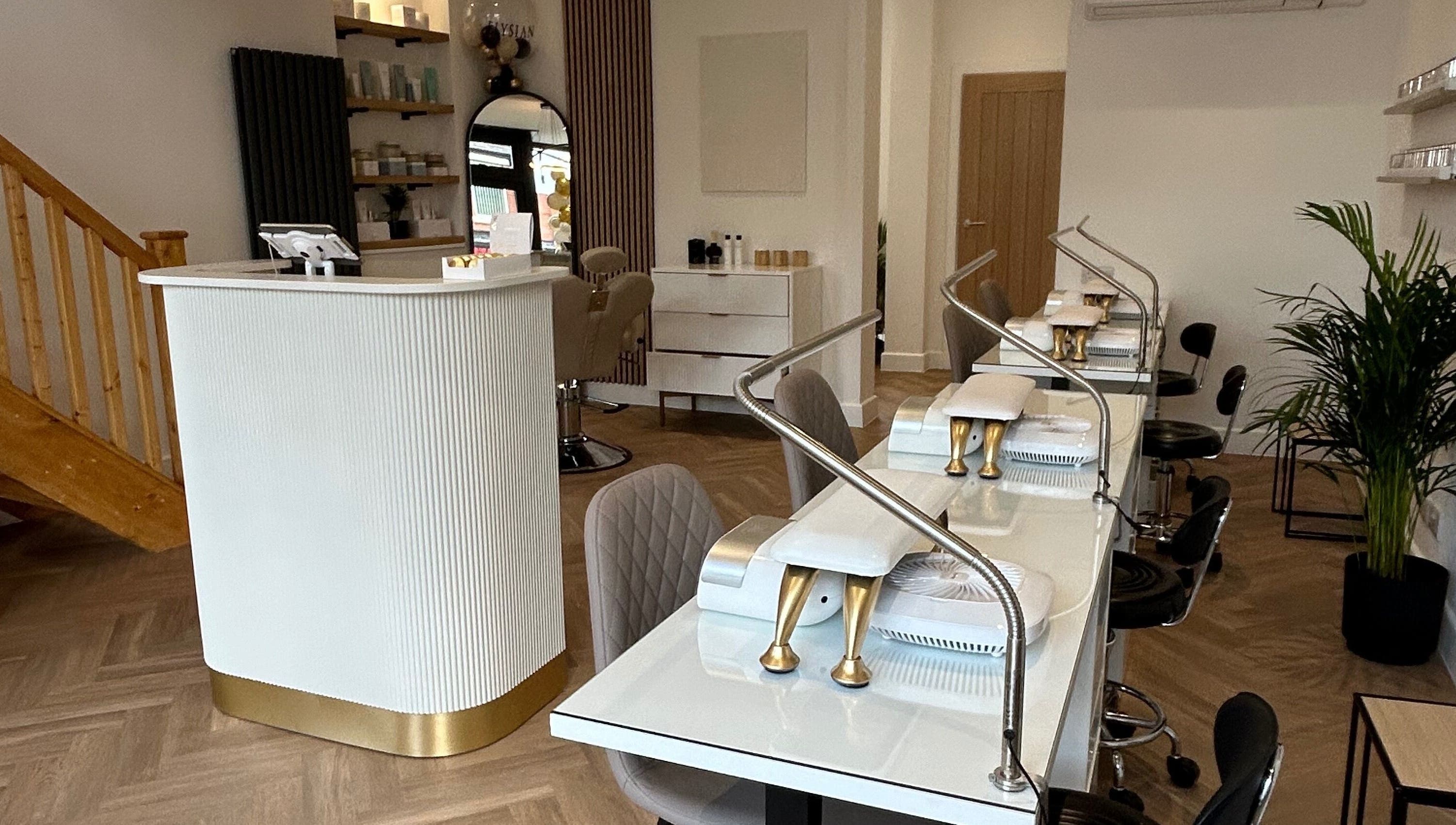 Elysian - Wilpshire salon interior, showcasing stylish nail stations in Blackburn, England, GB.