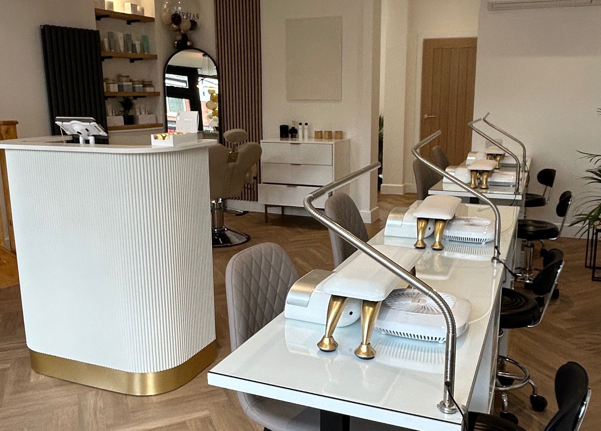 Elysian - Wilpshire salon interior, showcasing stylish nail stations in Blackburn, England, GB.