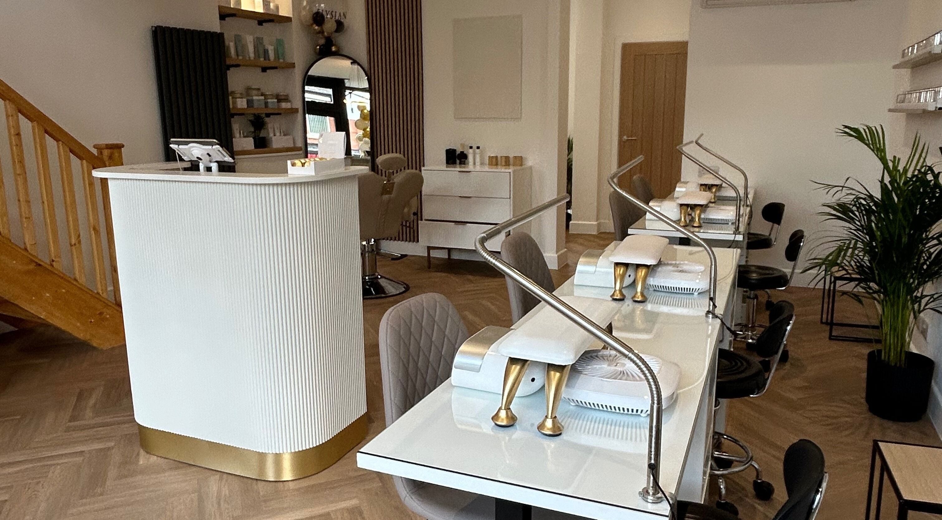 Elysian - Wilpshire salon interior, showcasing stylish nail stations in Blackburn, England, GB.