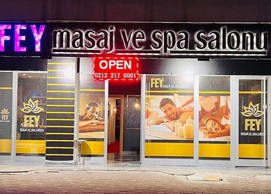 Fey Massage And Spa entrance in İstanbul, İstanbul, TR, showcasing vibrant signage and inviting atmosphere.