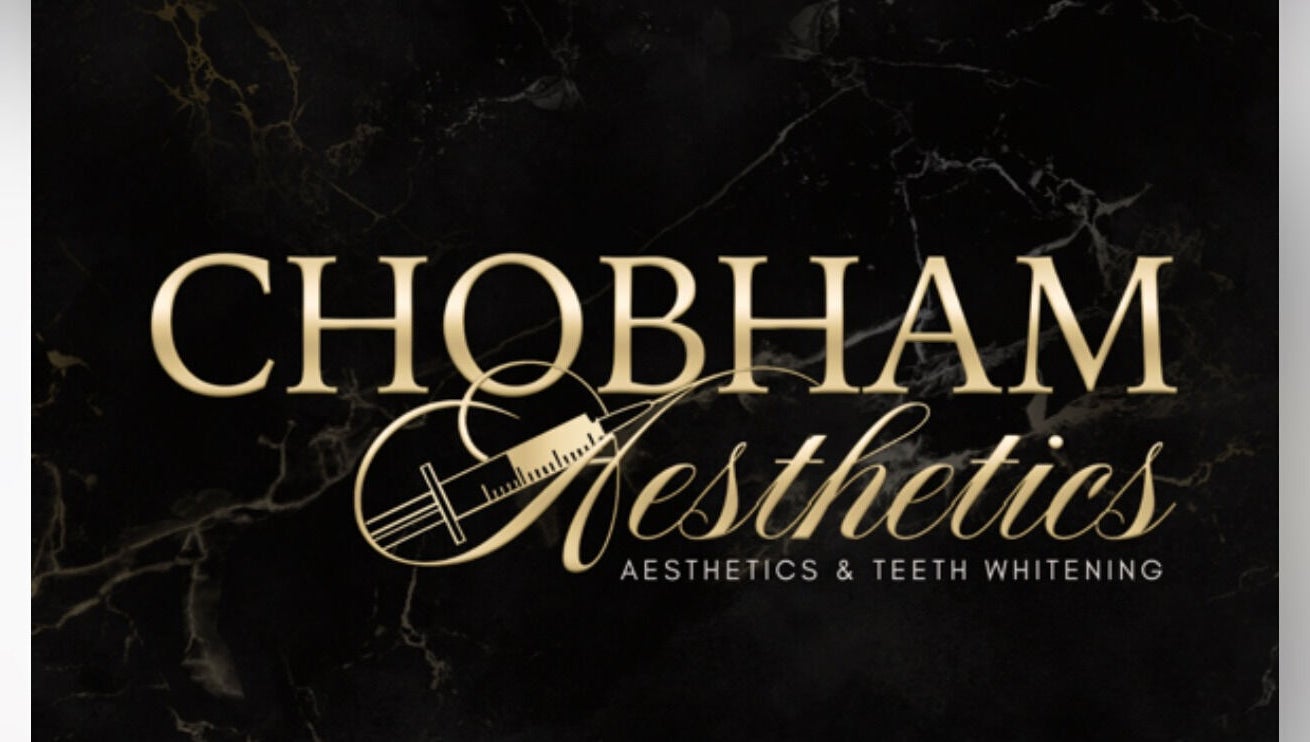 Chobham Aesthetics logo with syringe motif in Chobham, England, GB on dark marble background.