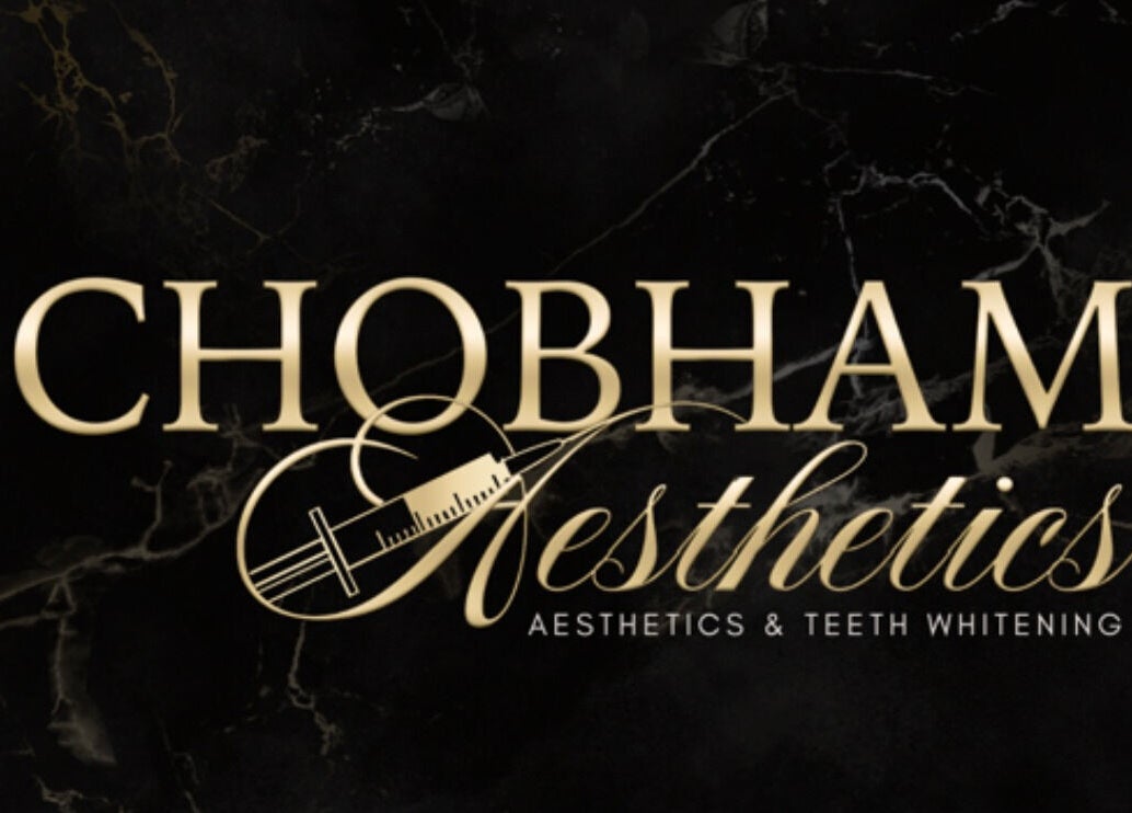Chobham Aesthetics logo with syringe motif in Chobham, England, GB on dark marble background.