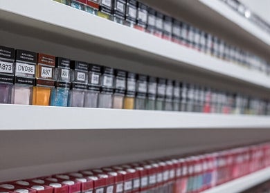 Colorful nail polish bottles lined up at Brand Nail Studio in Philadelphia, Pennsylvania, US.