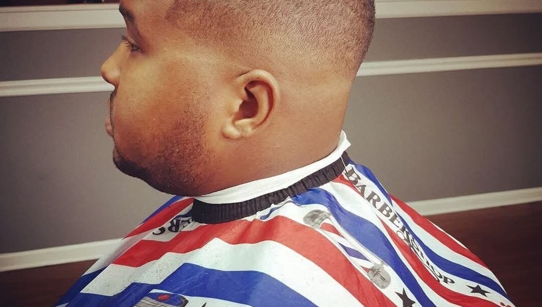 Close-up of a man's fresh haircut at Tiffany B in Aiken, South Carolina, US.