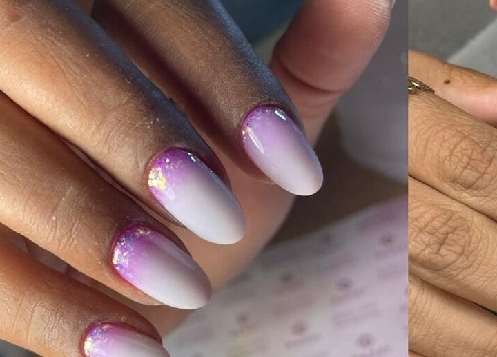 Ongles violet doux avec paillettes à Lilie Studio de beauté, Saint-joseph, Saint-pierre, RE.