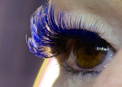 Close-up of blue eyelashes at Lashed By Nelmarie in Pretoria, Gauteng, ZA.