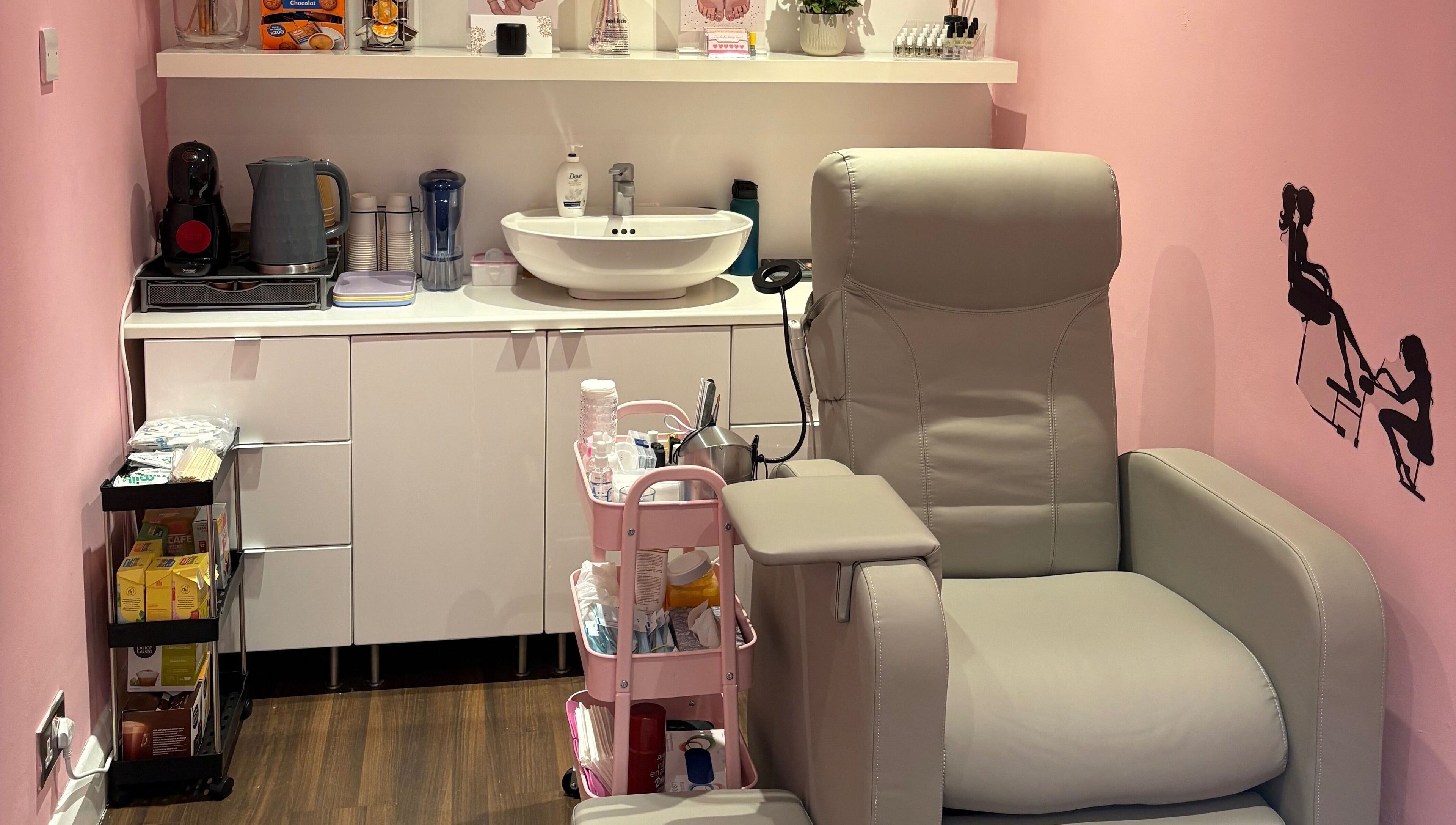 Relaxing nail salon setup at Milita's Nails at Samantha James, Redhill, England, featuring a plush chair and supplies.