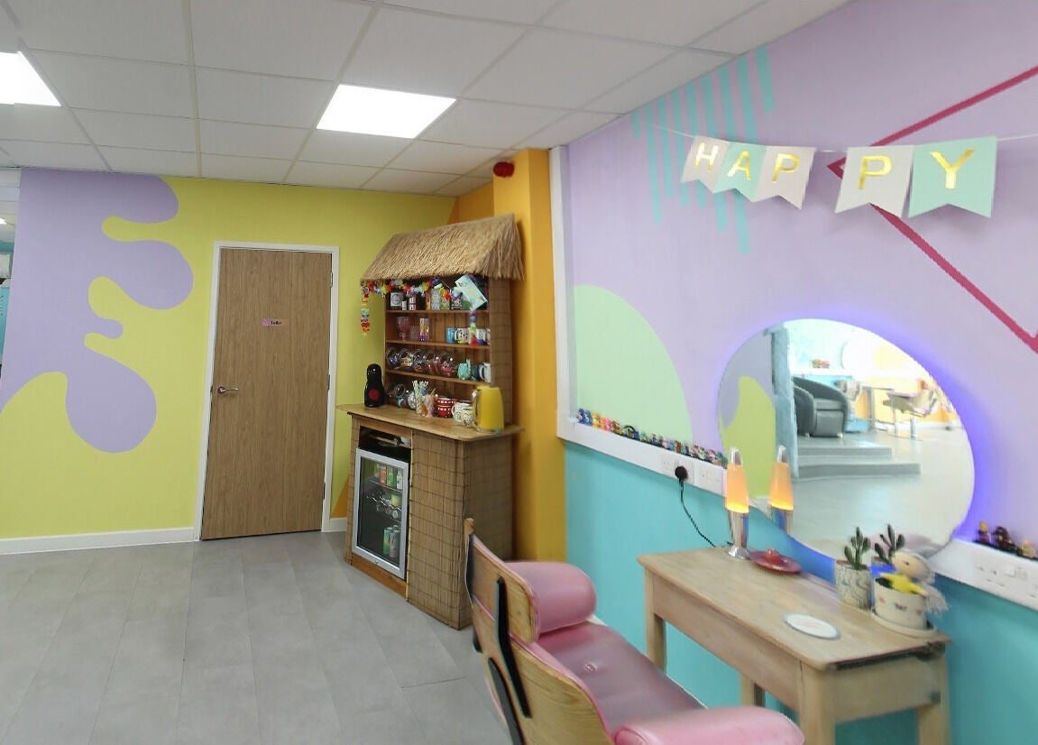 Colorful interior of The Space beauty venue in Southampton, England, GB with unique decor and furniture.