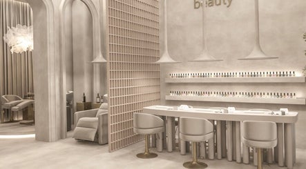 Chic nail salon interior at Holly's Nails, Vancouver, British Columbia, CA with modern decor and polish display.