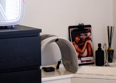 Modern beauty setup at Carols Glow Beauty, Cremorne, New South Wales, AU, featuring skincare tools and products.