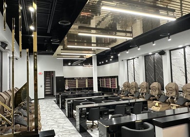 Luxurious interior of Luxe Nail Studio in Madison, Wisconsin, US, showcasing modern nail care stations.