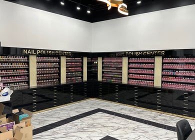 Extensive nail polish selection at Luxe Nail Studio in Madison, Wisconsin, US, showcasing luxury and variety.