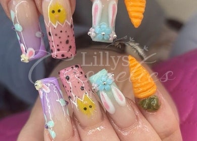 Easter-themed nail art with bunnies and eggs at @Lillys.Cosmeticsx, Home Studio 🎀, Maidstone, England, GB.