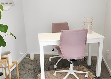 Modern office at Daisy Rose Beauty by Design, Bridgewater, Tasmania, AU, featuring chic pastel decor and greenery.