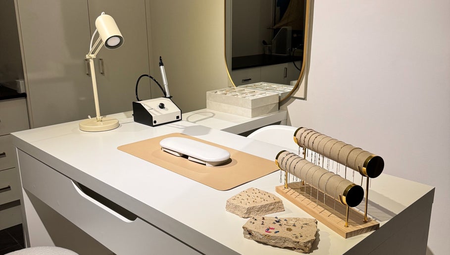 Sleek nail station at Solderella Studio, Melbourne, Victoria, AU with stylish decor and tools.