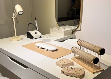 Sleek nail station at Solderella Studio, Melbourne, Victoria, AU with stylish decor and tools.