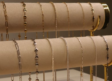 Elegant gold and silver chains displayed at Solderella Studio in Melbourne, Victoria, AU.