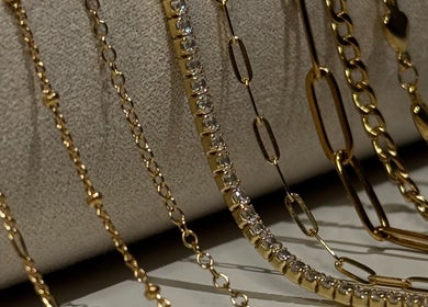 Gold and diamond chains displayed at Solderella Studio, Melbourne, Victoria, AU.