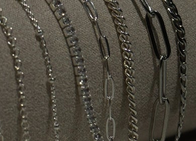 Elegant silver chains displayed at Solderella Studio in Melbourne, Victoria, AU.
