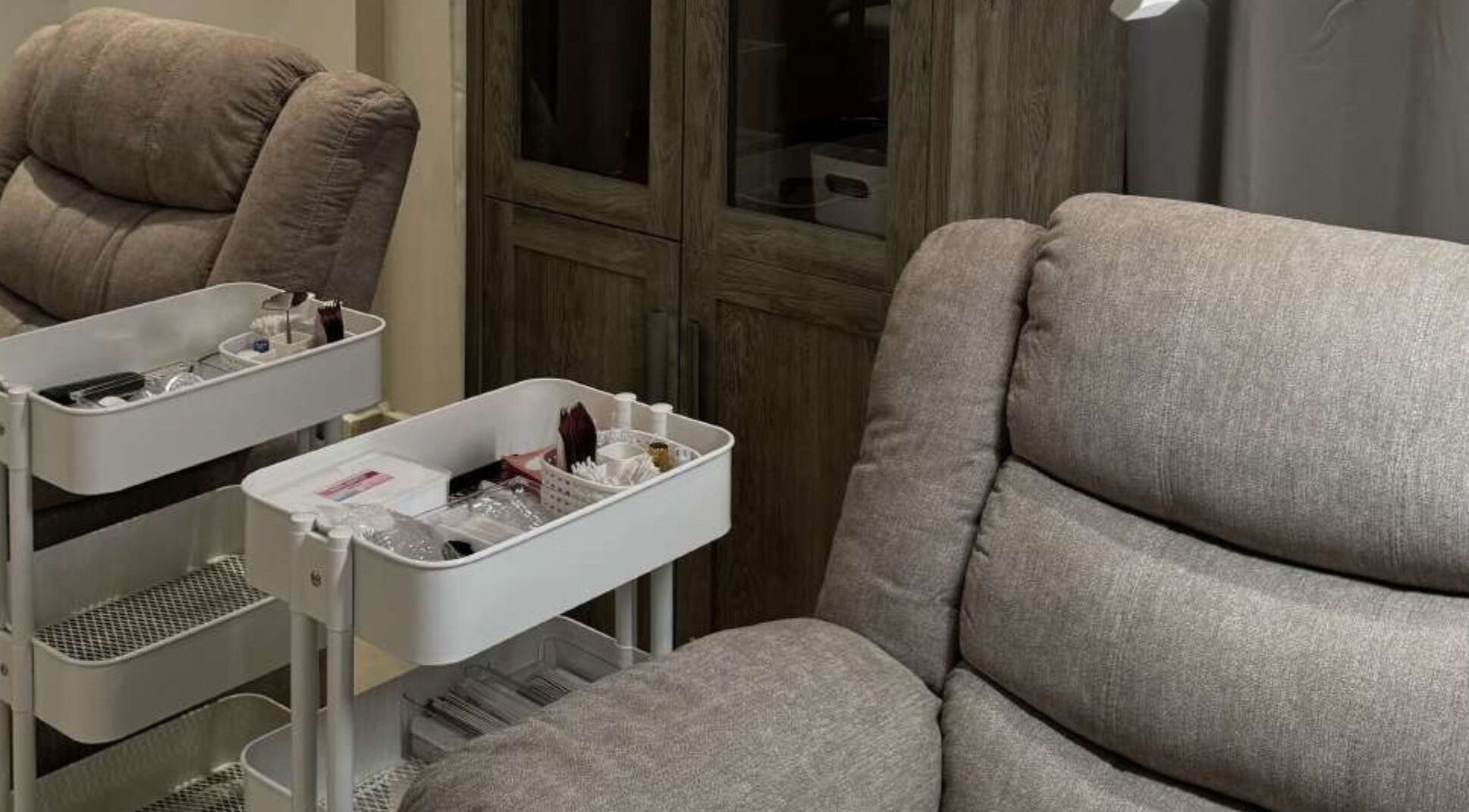 Comfortable seating and beauty equipment at SK Beauty studio, Abu Dhabi, AE.