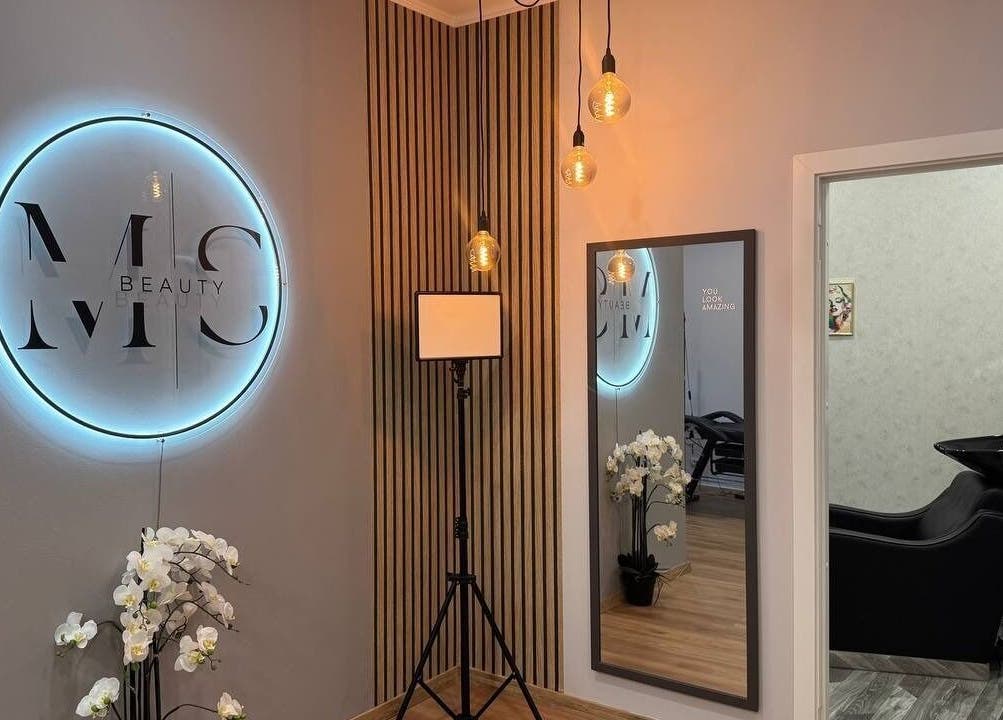 Interior of MSBeauty in Rīga, LV featuring stylish decor and chic lighting with modern salon furniture.