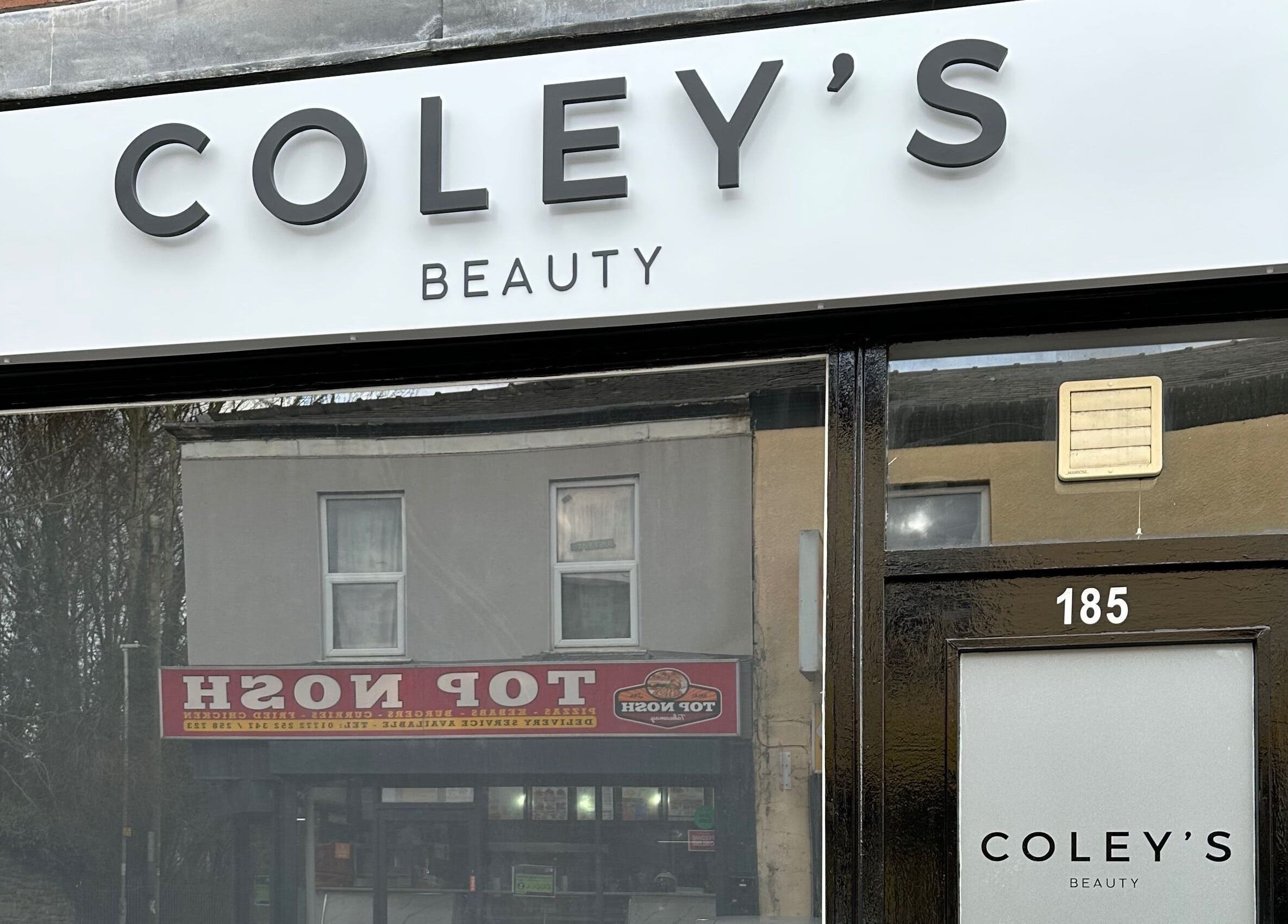 Coley’s Beauty storefront at 185 Preston, England, GB, showcasing its modern sign.