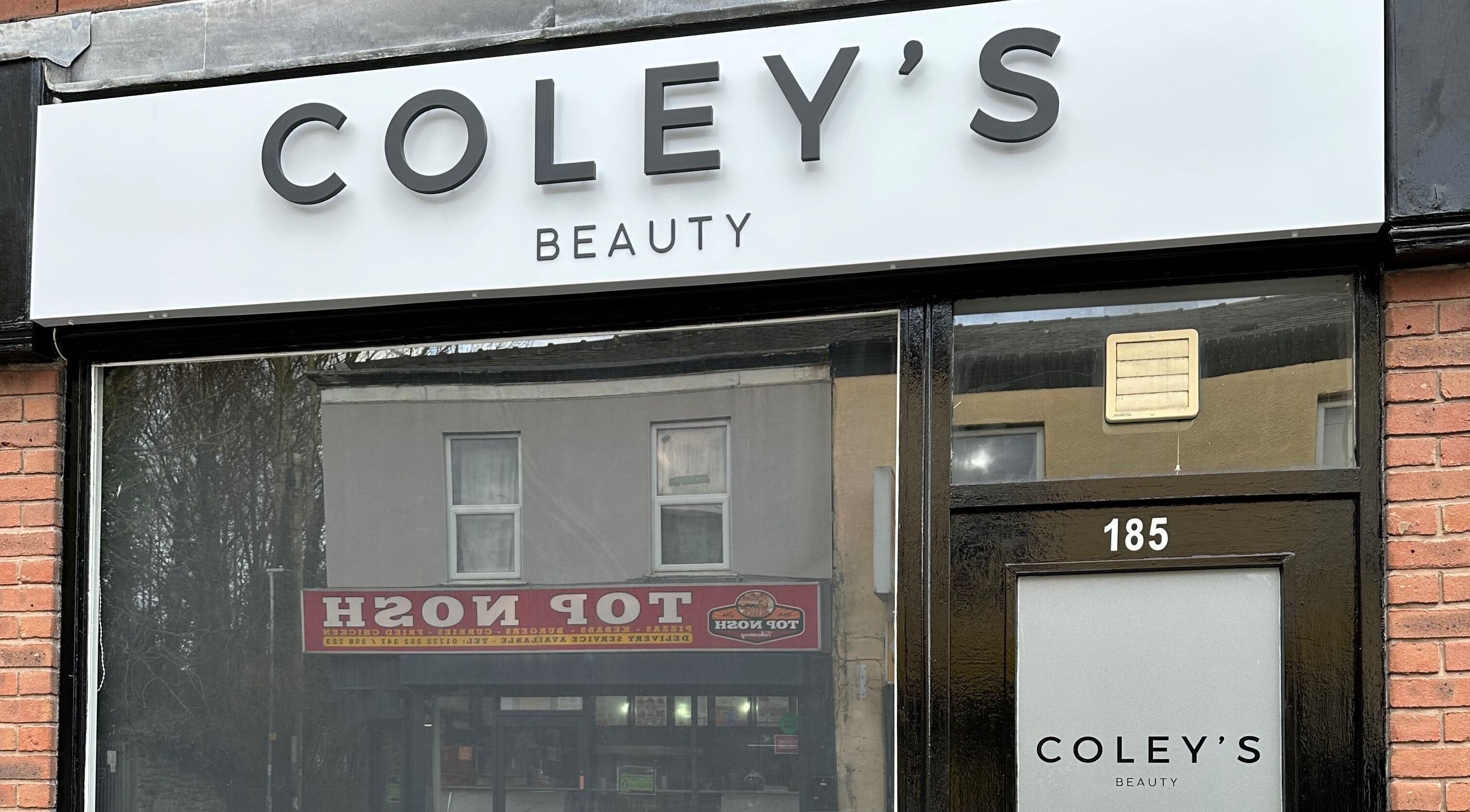 Coley’s Beauty storefront at 185 Preston, England, GB, showcasing its modern sign.