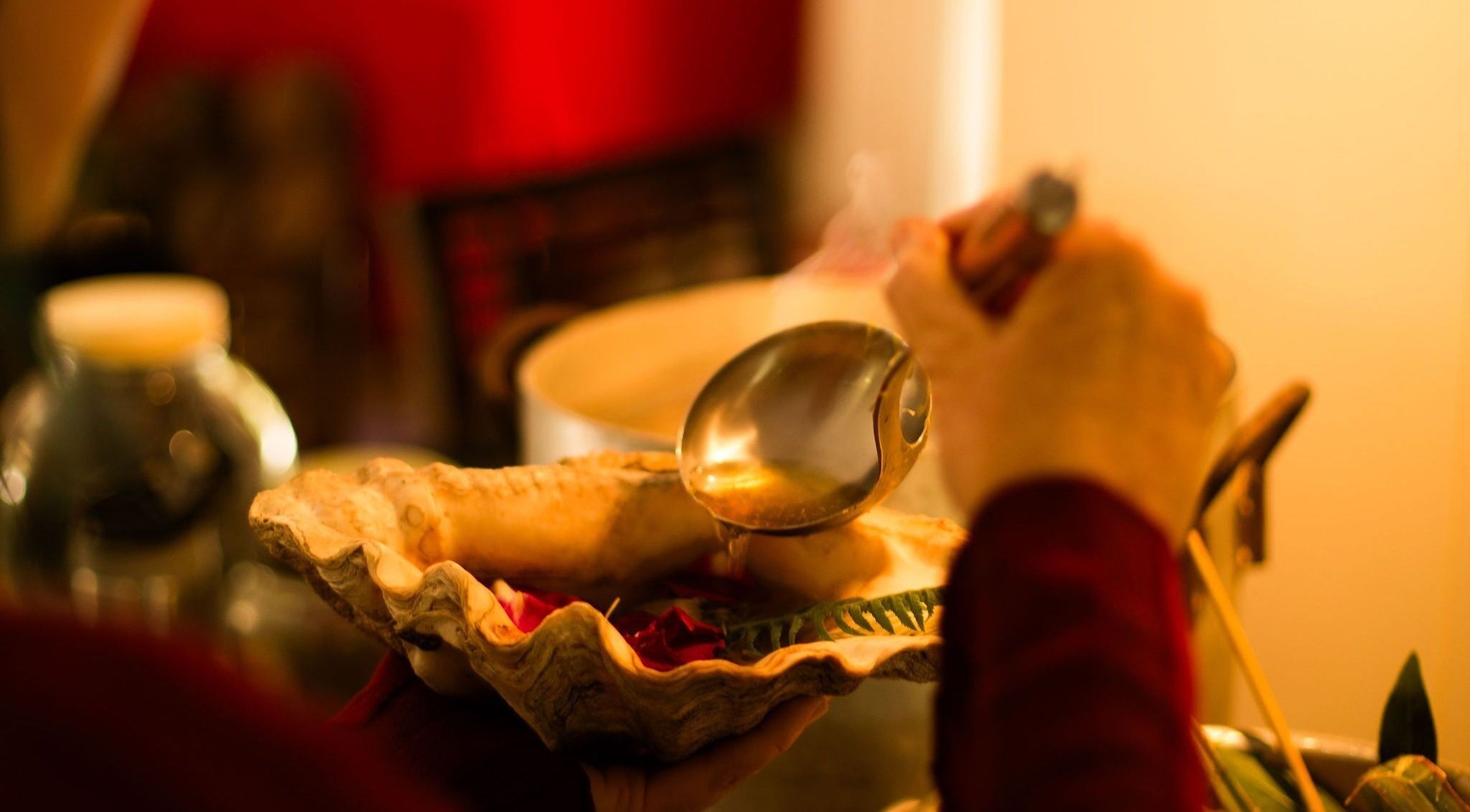 Relaxing spa ritual at The Wylde Hearth, Maleny, Queensland, AU with herbal infusions in a shell.