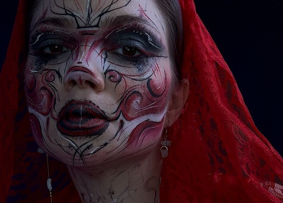 Elaborate artistic face makeup at Makeup by Kate, Mountain View, California, US.