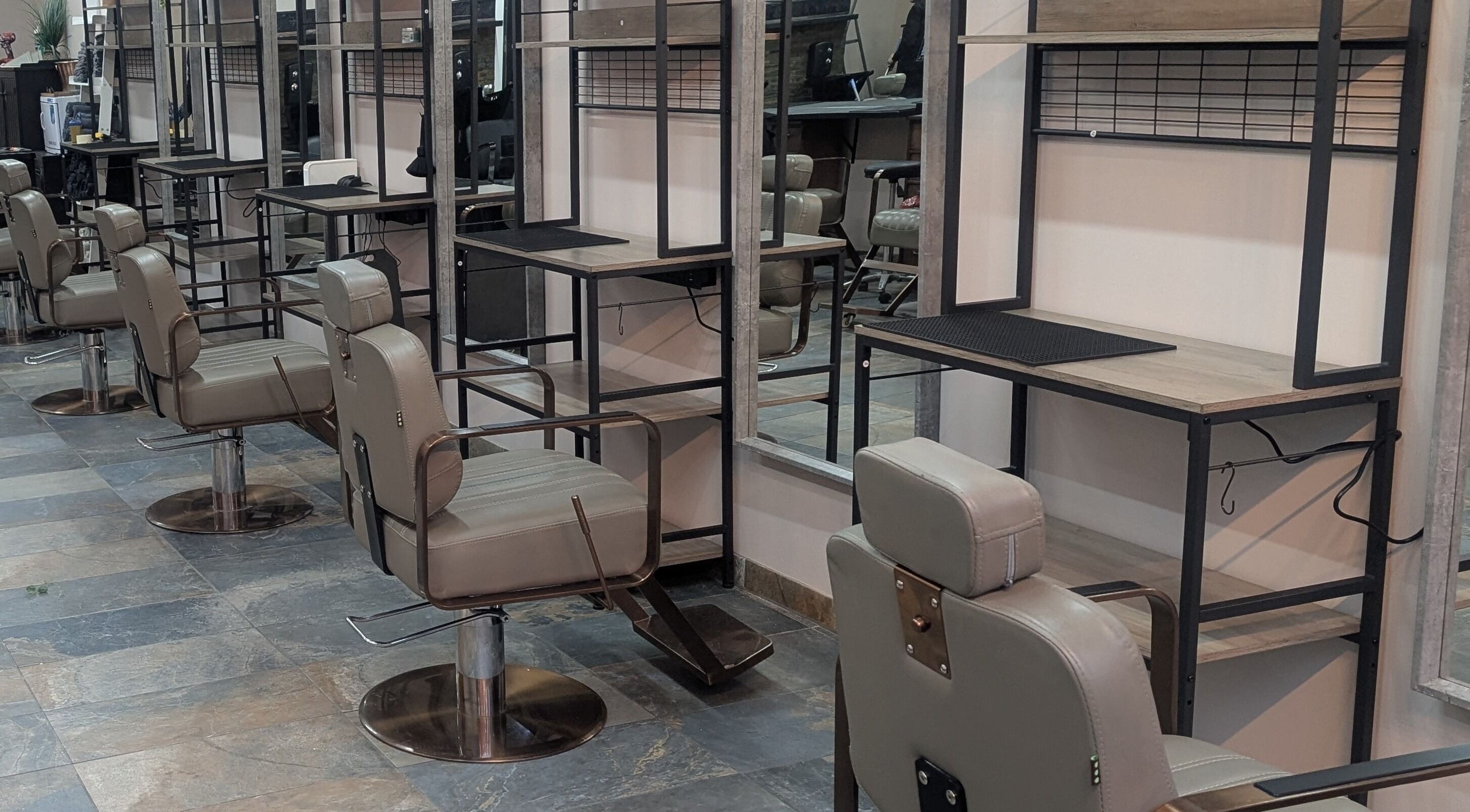 Modern salon stations with mirrors at ADDER, Aberdeen, Scotland, GB.