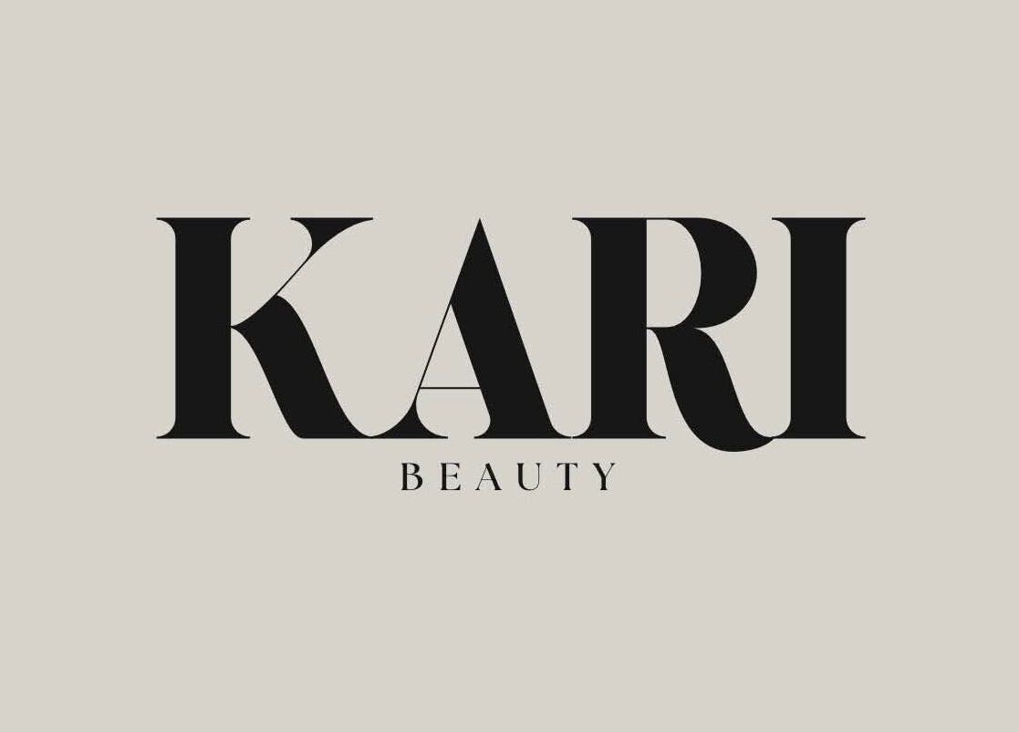 Kari Beauty logo in black on beige background, Clifton, England, GB.