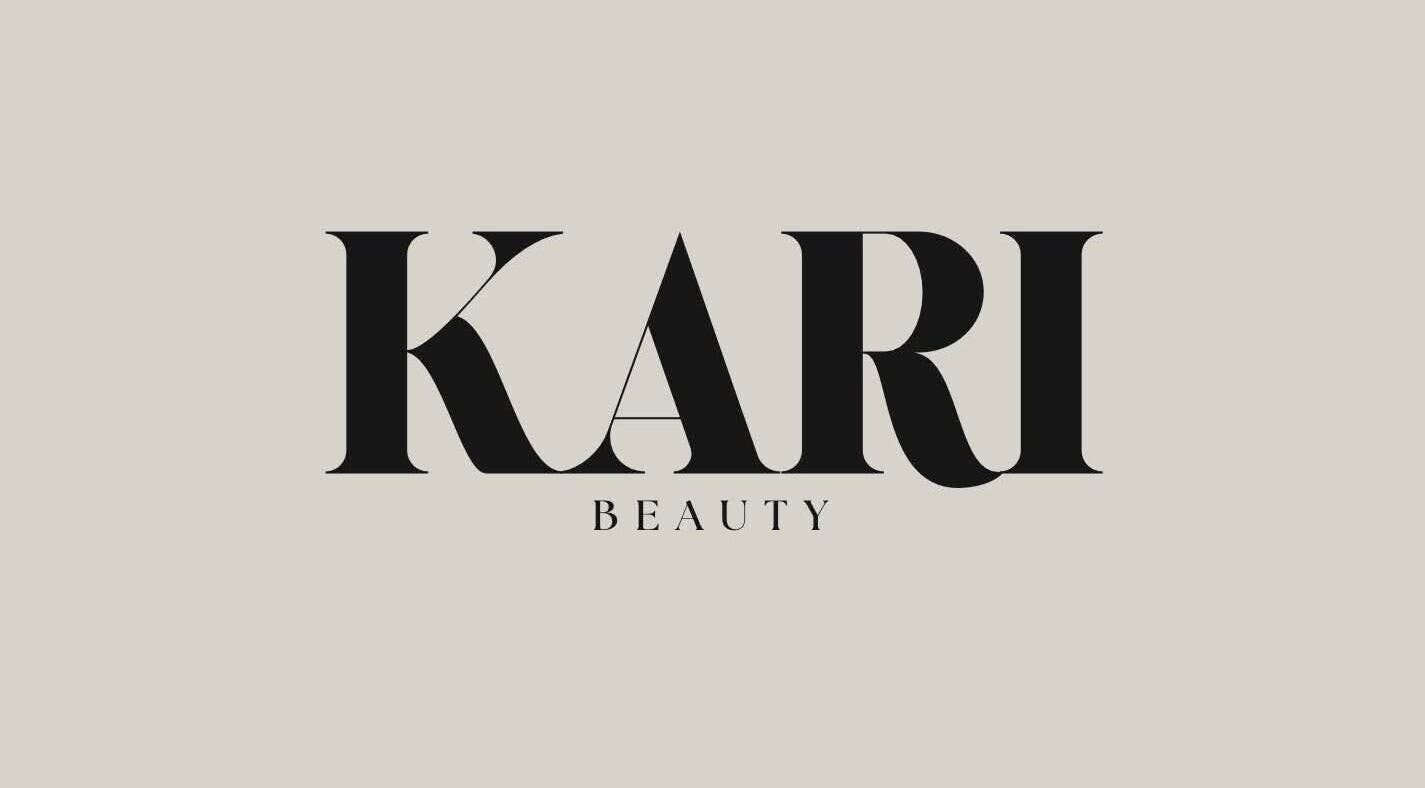 Kari Beauty logo in black on beige background, Clifton, England, GB.