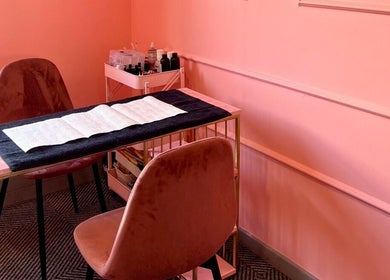 Chic peach-themed nail station at Peaches Beauty Bar Midrand, located in Midrand, Gauteng, ZA.