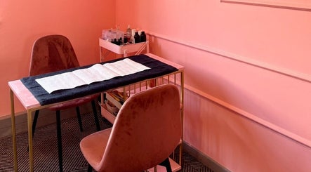 Chic peach-themed nail station at Peaches Beauty Bar Midrand, located in Midrand, Gauteng, ZA.