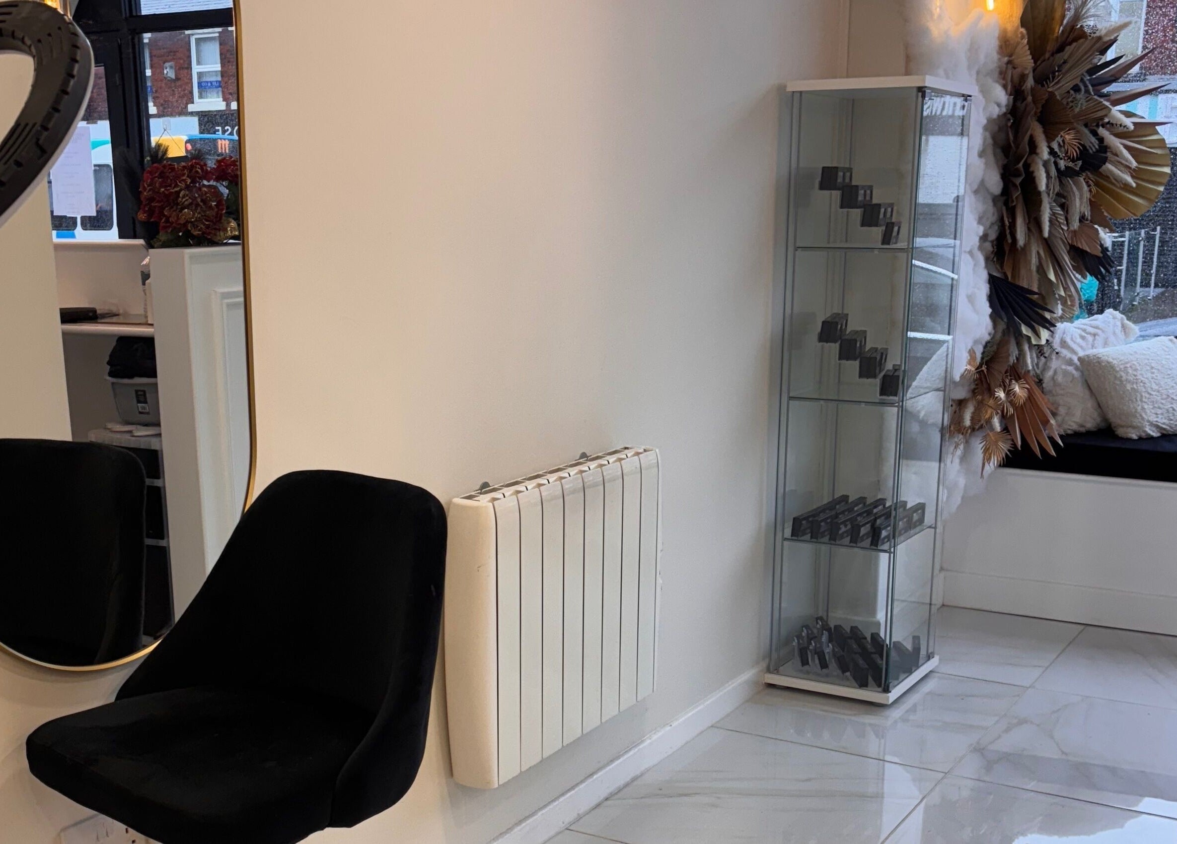 Chic beauty corner at Beautybyanna Jane, showcasing a sleek black chair and stylish decor in Leyland, England, GB.