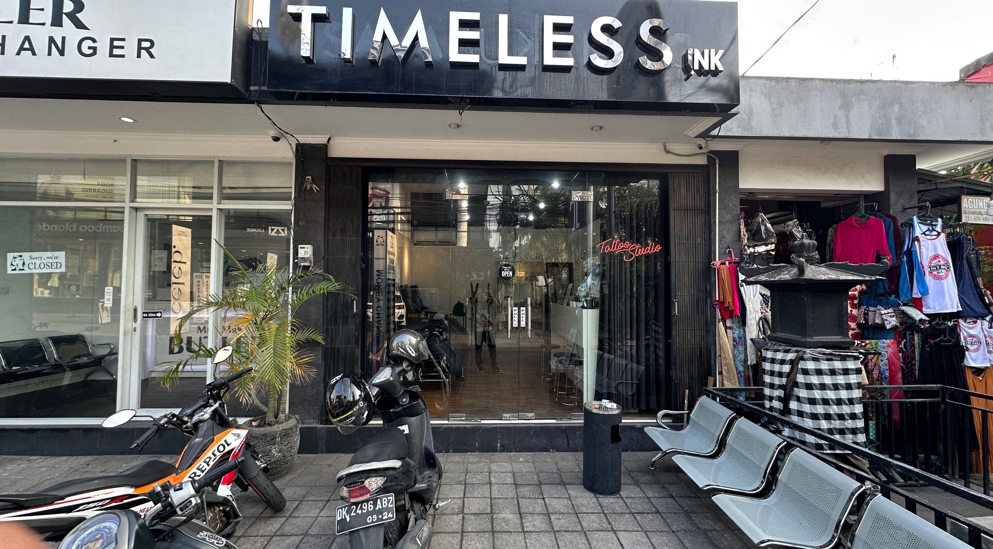 Entrance of Timeless Ink tattoo studio in Bali, Bali, ID, showcasing a modern storefront design.