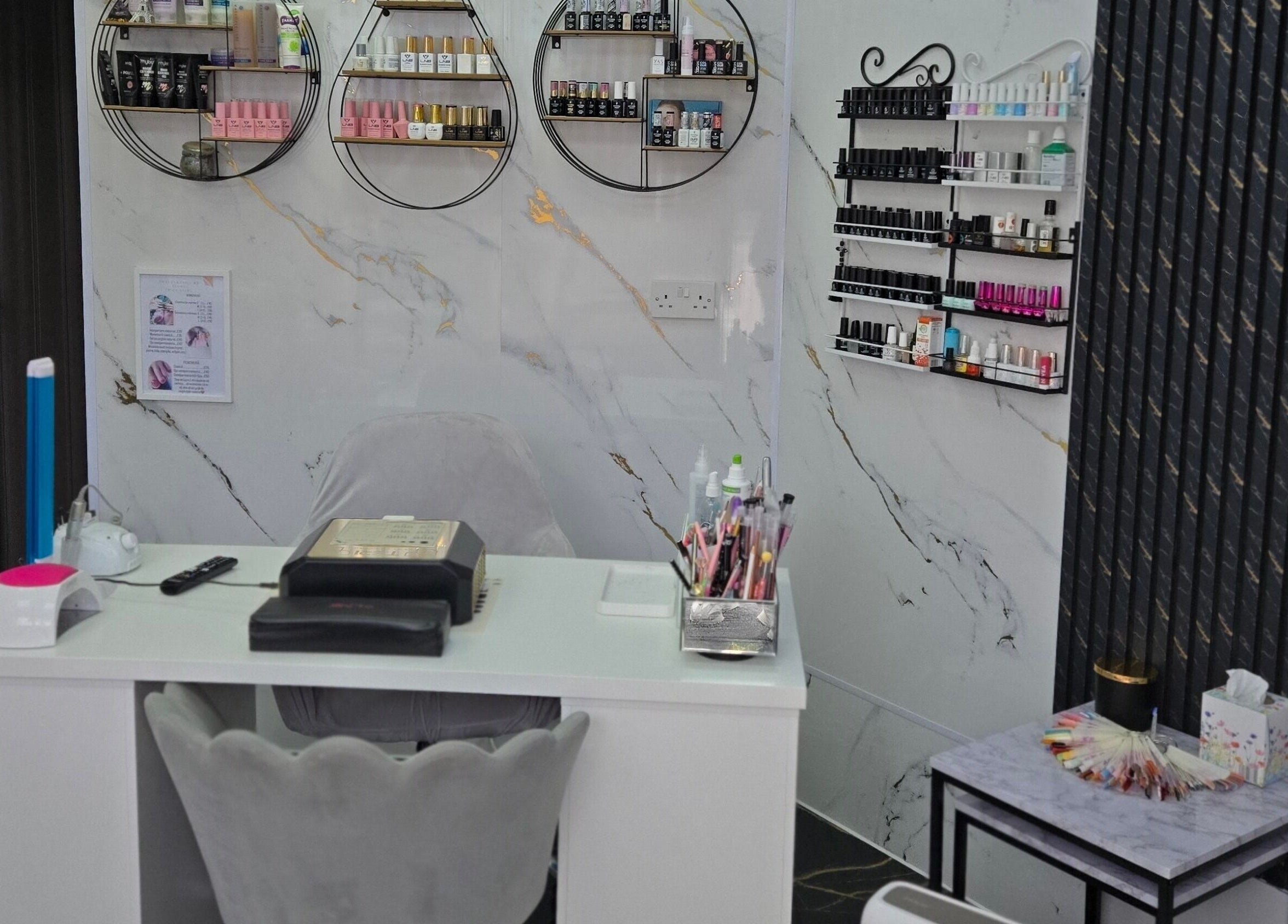 Elegant nail station at Beauty&Nails By Flory, Coventry, England, GB. Features stylish decor and nail polish display.