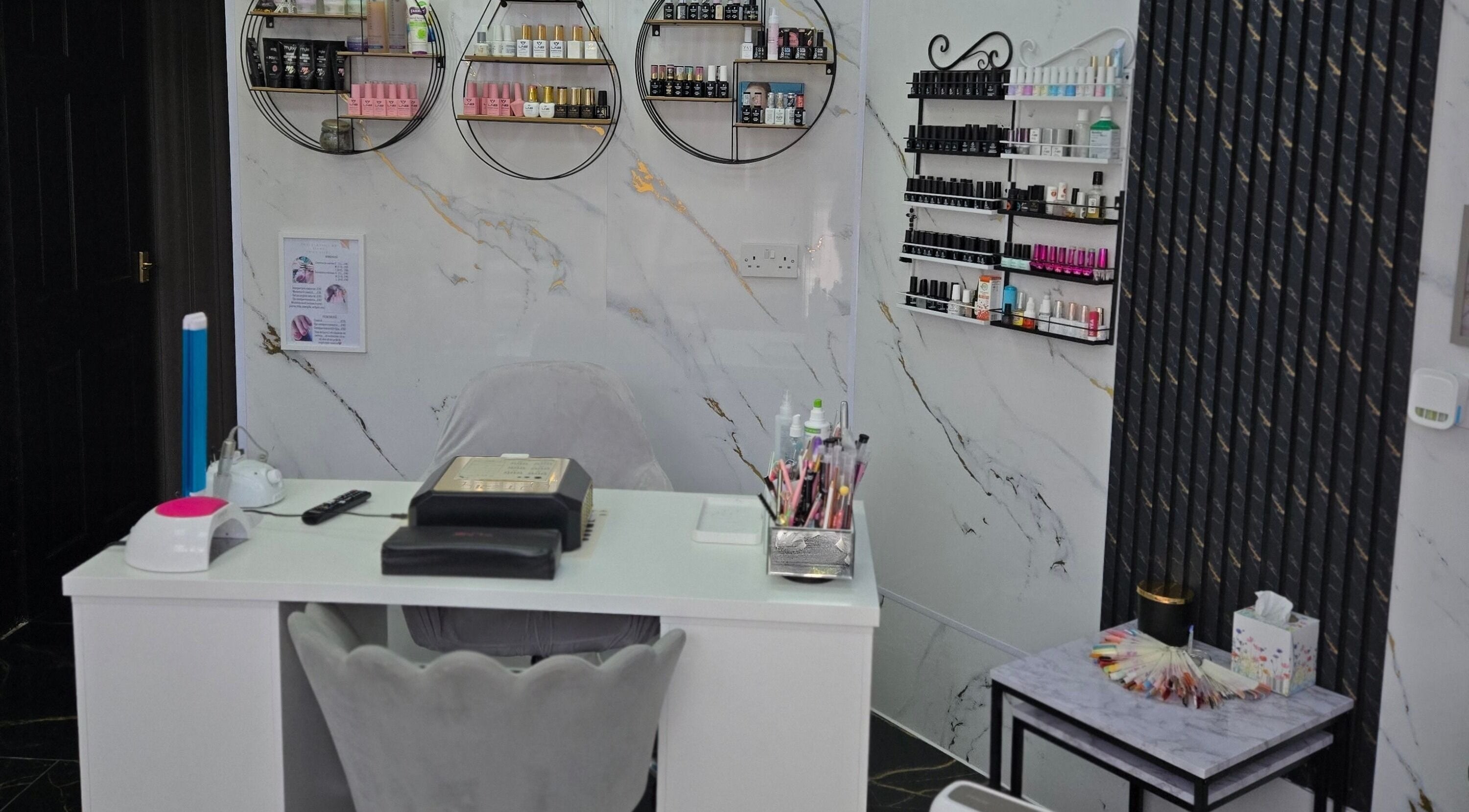 Elegant nail station at Beauty&Nails By Flory, Coventry, England, GB. Features stylish decor and nail polish display.