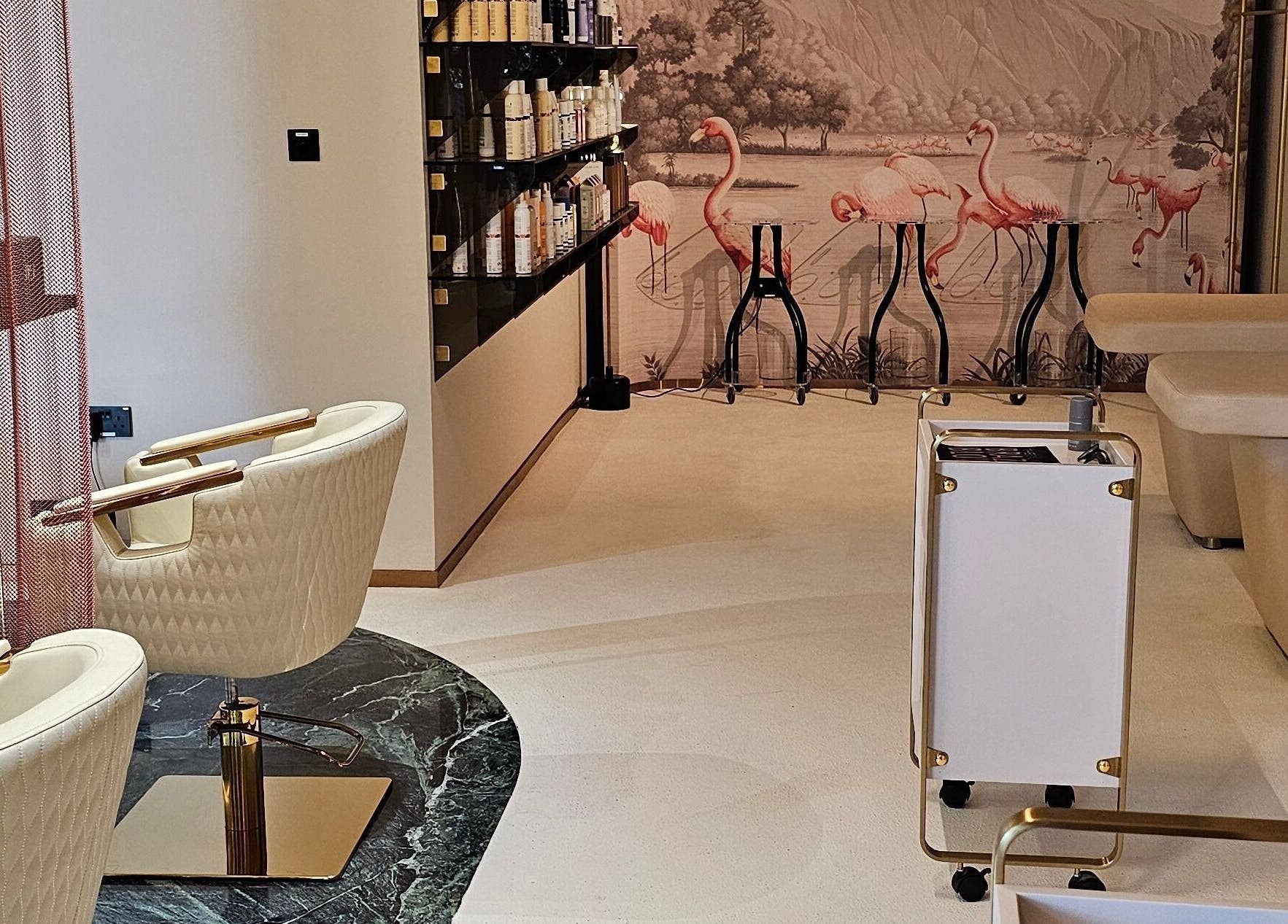 Luxurious salon chairs and flamingo decor at Illustrated Nails, The Muse Boutique Hotel, Lusail, Al Daayen Municipality, QA.