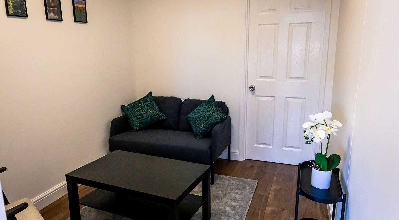 Relaxing therapy room at Insight Therapies, Doncaster, England, GB with a sofa, table, and plant.