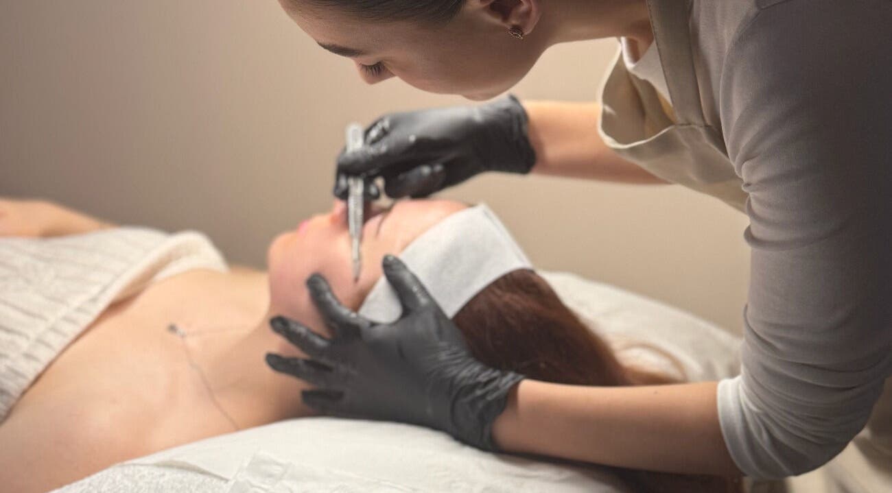 Aesthetician applies treatment at Glow Beauty, Elgin, Scotland, GB in relaxing setting.