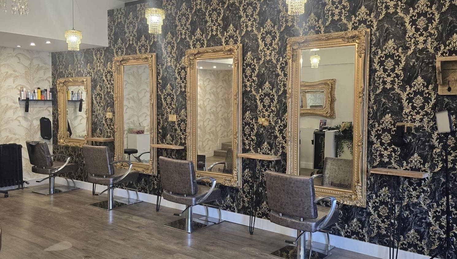 Chic salon interior at Freedom Beauty Co by Helen Isaacson in Houghton Le Spring, England, GB, featuring ornate mirrors.
