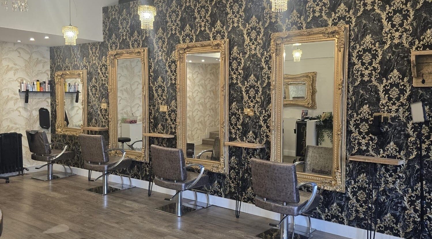 Chic salon interior at Freedom Beauty Co by Helen Isaacson in Houghton Le Spring, England, GB, featuring ornate mirrors.