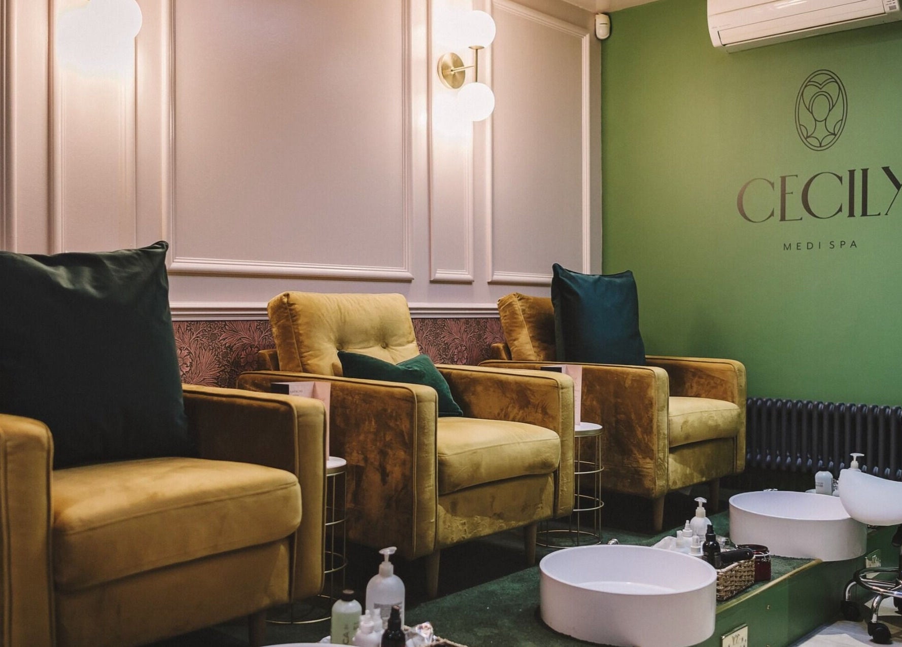 Cozy treatment chairs at Cecily Marlow spa, Marlow, England, GB, offering luxury wellness services.