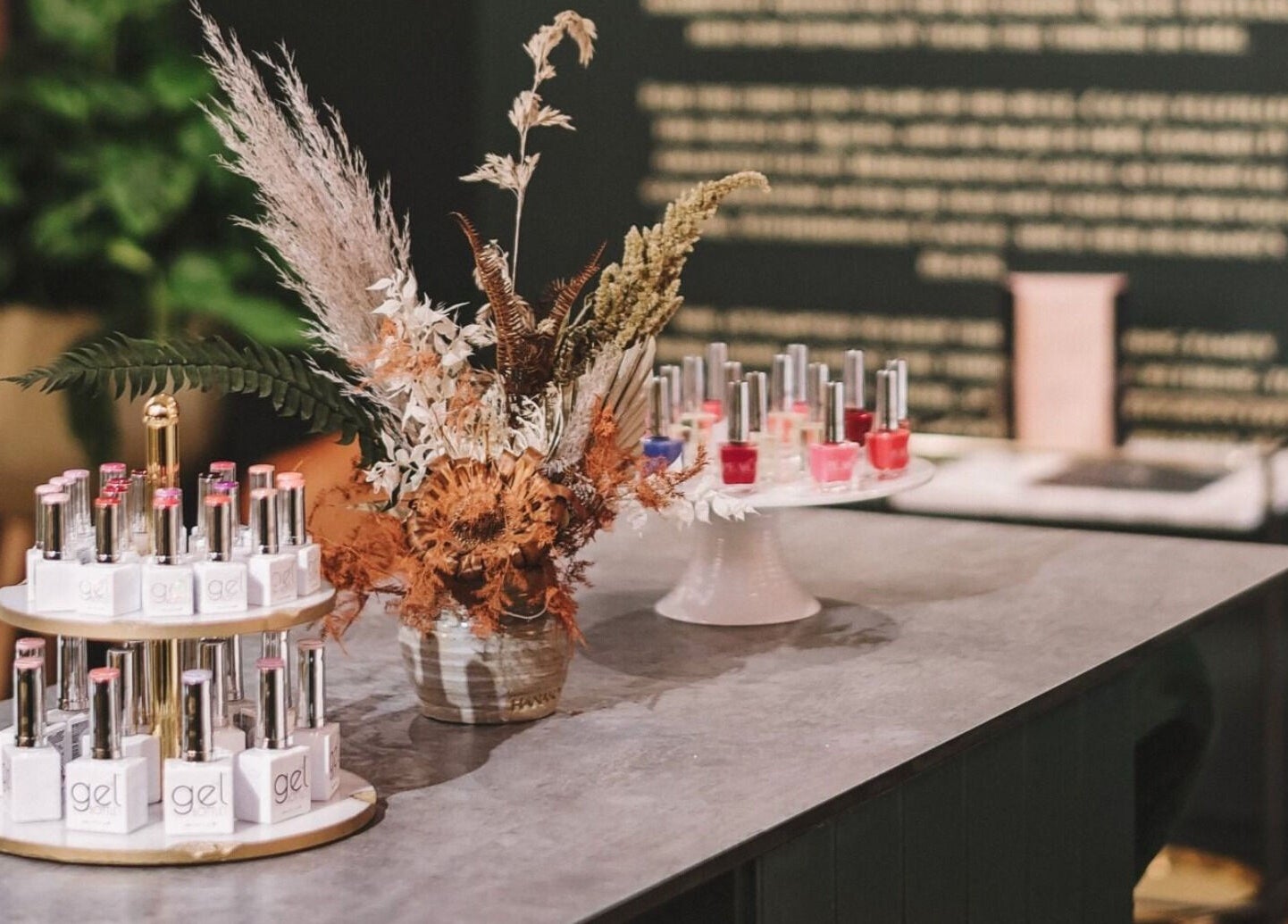 Nail polish display at Cecily Marlow, Marlow, England, GB with elegant decor.