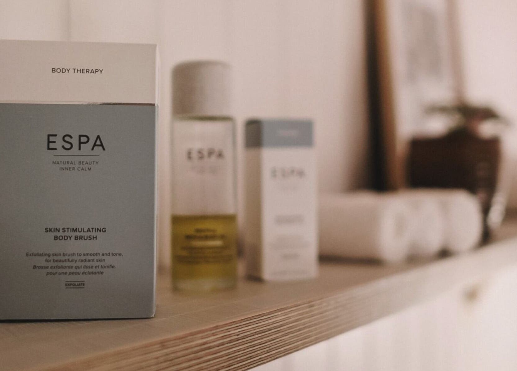 ESPA products on a shelf at Cecily Marlow in Marlow, England, GB, showcasing skin care and relaxation.