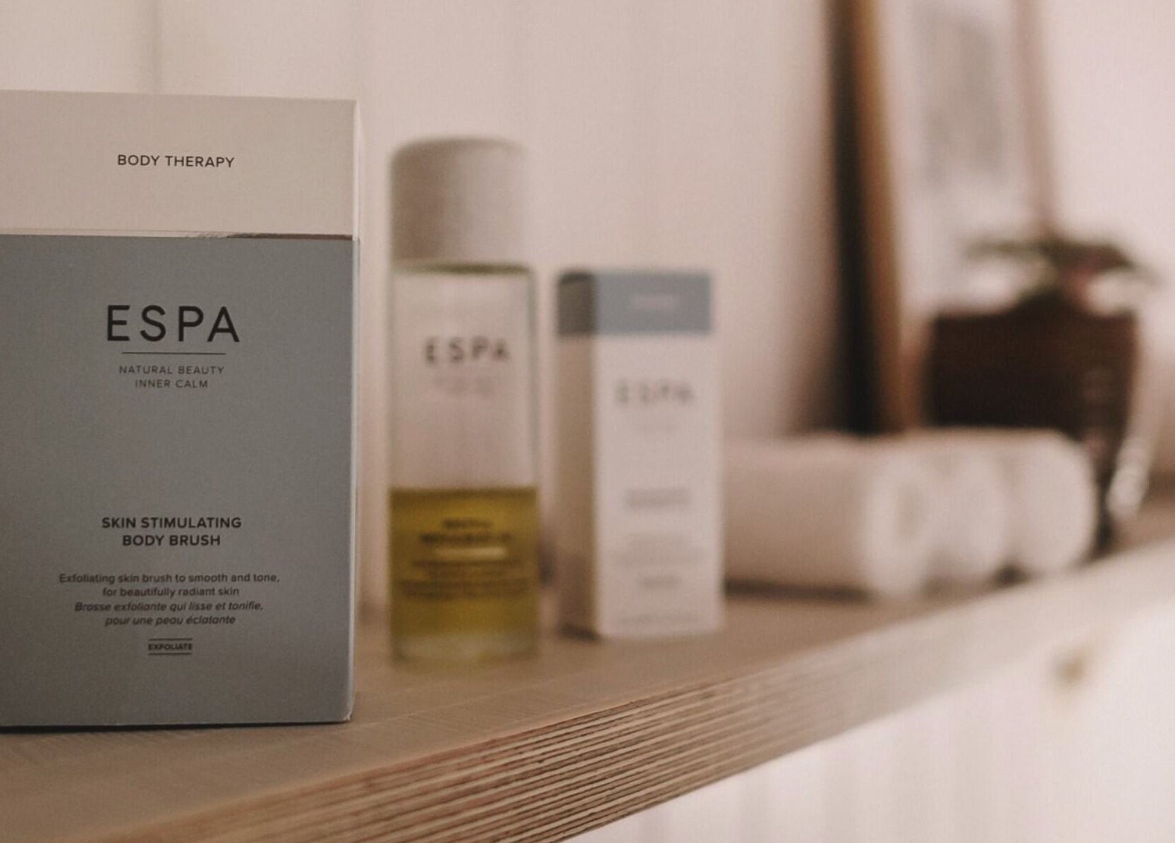 ESPA products on a shelf at Cecily Marlow in Marlow, England, GB, showcasing skin care and relaxation.
