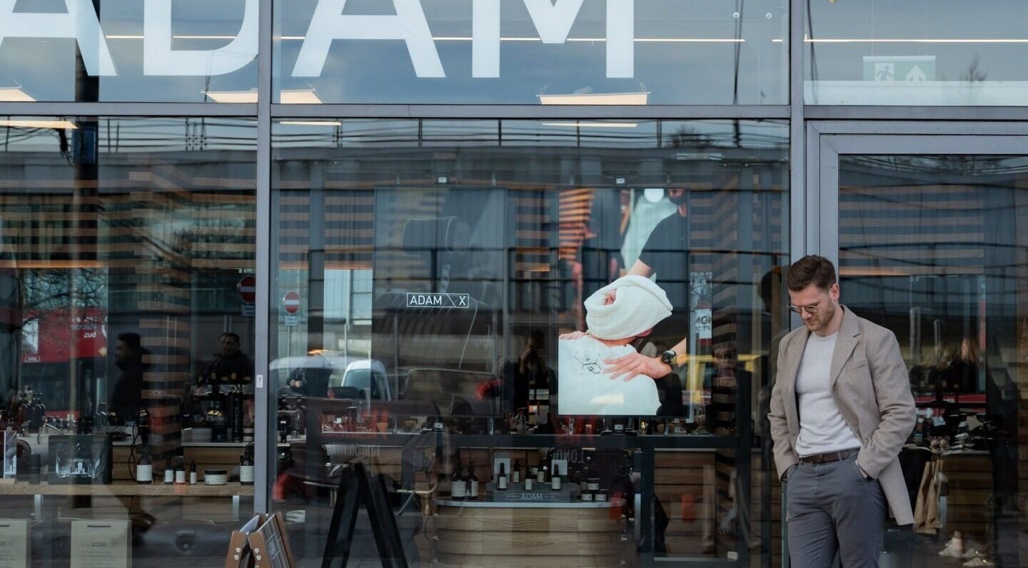 Front view of ADAM Grooming Atelier - Westfield London showcasing elegant design. London, England, GB.