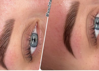Close-up of eyebrow microblading before and after at Faces Enhanced, Nottingham, England, GB.