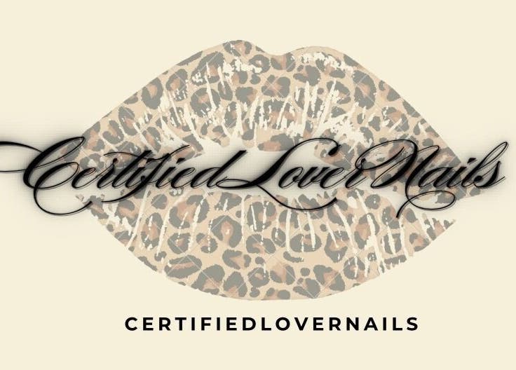 Certified Lover Nails logo with leopard print lips in Mitcham, England, GB.